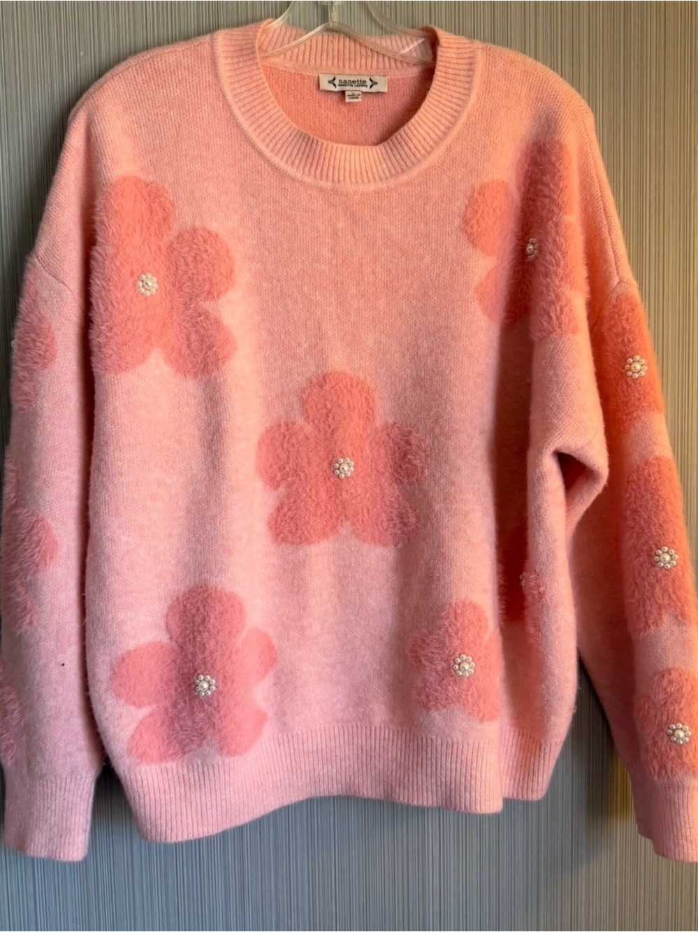 Nanette Lepore Soft Pink Fuzzy Flower & Pearl Crew Neck Sweater L